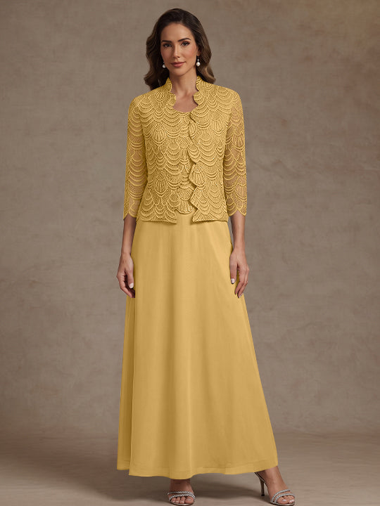 2 Pieces A-Line/Princess Scoop Chiffon Mother of the Bride Dresses Ankle-Length 3/4 Sleeves&Sleeveless with Lace Jacket