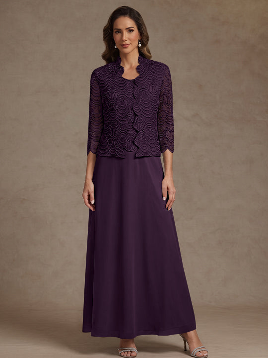 2 Pieces A-Line/Princess Scoop Chiffon Mother of the Bride Dresses Ankle-Length 3/4 Sleeves&Sleeveless with Lace Jacket