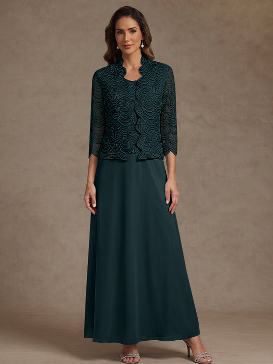 2 Pieces A-Line/Princess Scoop Chiffon Mother of the Bride Dresses Ankle-Length 3/4 Sleeves&Sleeveless with Lace Jacket