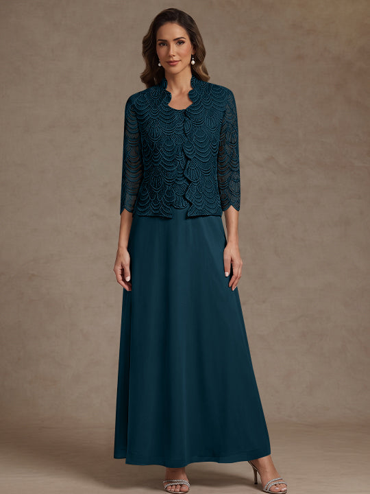 2 Pieces A-Line/Princess Scoop Chiffon Mother of the Bride Dresses Ankle-Length 3/4 Sleeves&Sleeveless with Lace Jacket