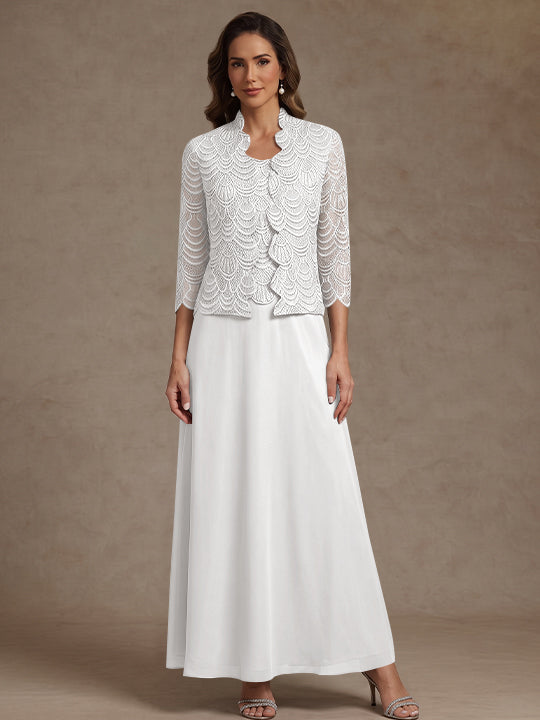 2 Pieces A-Line/Princess Scoop Chiffon Mother of the Bride Dresses Ankle-Length 3/4 Sleeves&Sleeveless with Lace Jacket
