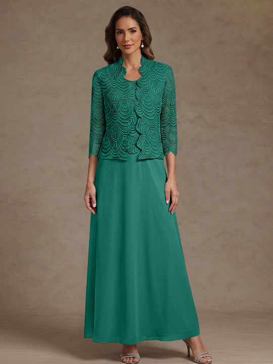 2 Pieces A-Line/Princess Scoop Chiffon Mother of the Bride Dresses Ankle-Length 3/4 Sleeves&Sleeveless with Lace Jacket