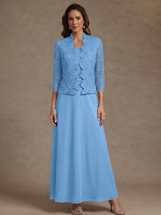 2 Pieces A-Line/Princess Scoop Chiffon Mother of the Bride Dresses Ankle-Length 3/4 Sleeves&Sleeveless with Lace Jacket