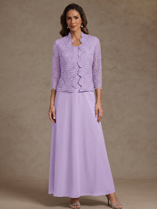 2 Pieces A-Line/Princess Scoop Chiffon Mother of the Bride Dresses Ankle-Length 3/4 Sleeves&Sleeveless with Lace Jacket