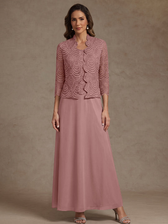2 Pieces A-Line/Princess Scoop Chiffon Mother of the Bride Dresses Ankle-Length 3/4 Sleeves&Sleeveless with Lace Jacket