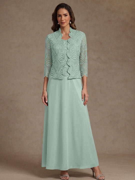 2 Pieces A-Line/Princess Scoop Chiffon Mother of the Bride Dresses Ankle-Length 3/4 Sleeves&Sleeveless with Lace Jacket