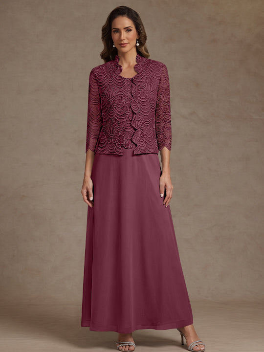 2 Pieces A-Line/Princess Scoop Chiffon Mother of the Bride Dresses Ankle-Length 3/4 Sleeves&Sleeveless with Lace Jacket