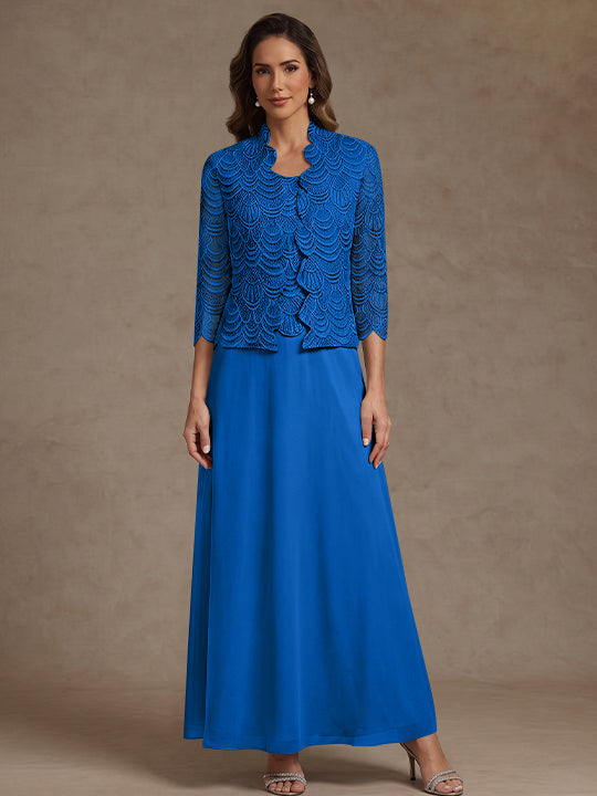 2 Pieces A-Line/Princess Scoop Chiffon Mother of the Bride Dresses Ankle-Length 3/4 Sleeves&Sleeveless with Lace Jacket