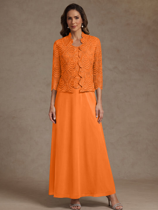 2 Pieces A-Line/Princess Scoop Chiffon Mother of the Bride Dresses Ankle-Length 3/4 Sleeves&Sleeveless with Lace Jacket