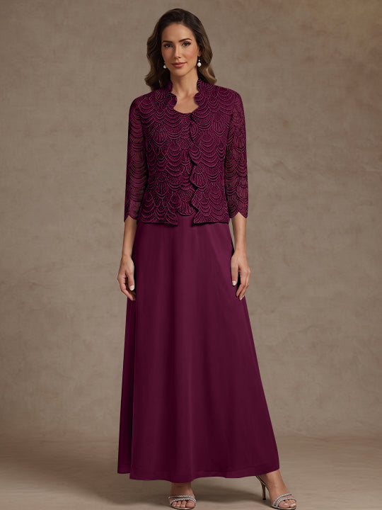 2 Pieces A-Line/Princess Scoop Chiffon Mother of the Bride Dresses Ankle-Length 3/4 Sleeves&Sleeveless with Lace Jacket