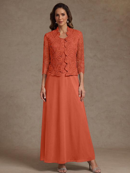 2 Pieces A-Line/Princess Scoop Chiffon Mother of the Bride Dresses Ankle-Length 3/4 Sleeves&Sleeveless with Lace Jacket