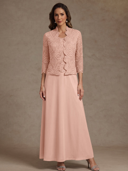 2 Pieces A-Line/Princess Scoop Chiffon Mother of the Bride Dresses Ankle-Length 3/4 Sleeves&Sleeveless with Lace Jacket