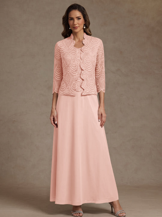 2 Pieces A-Line/Princess Scoop Chiffon Mother of the Bride Dresses Ankle-Length 3/4 Sleeves&Sleeveless with Lace Jacket