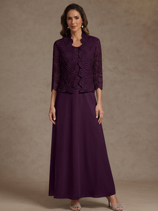 2 Pieces A-Line/Princess Scoop Chiffon Mother of the Bride Dresses Ankle-Length 3/4 Sleeves&Sleeveless with Lace Jacket