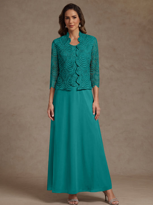 2 Pieces A-Line/Princess Scoop Chiffon Mother of the Bride Dresses Ankle-Length 3/4 Sleeves&Sleeveless with Lace Jacket