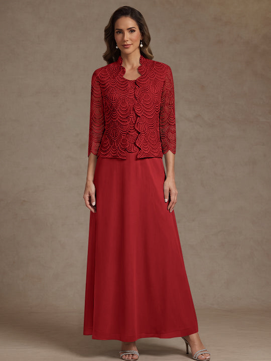 2 Pieces A-Line/Princess Scoop Chiffon Mother of the Bride Dresses Ankle-Length 3/4 Sleeves&Sleeveless with Lace Jacket