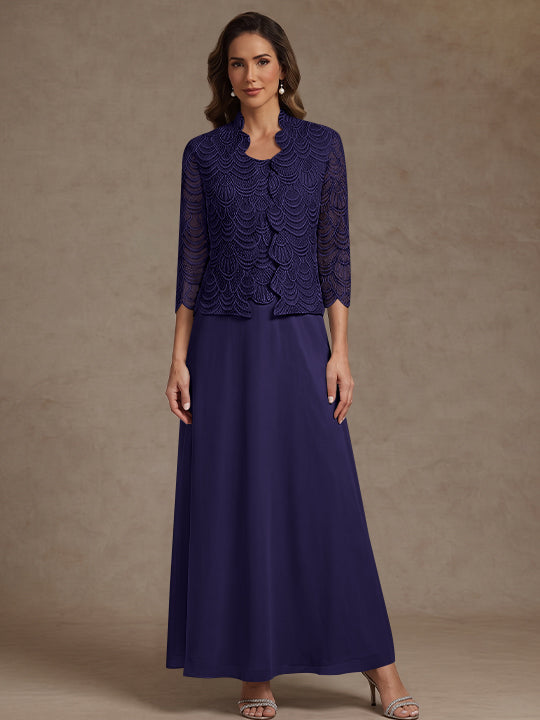 2 Pieces A-Line/Princess Scoop Chiffon Mother of the Bride Dresses Ankle-Length 3/4 Sleeves&Sleeveless with Lace Jacket