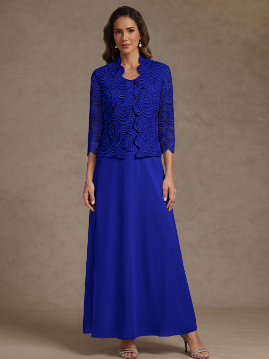 2 Pieces A-Line/Princess Scoop Chiffon Mother of the Bride Dresses Ankle-Length 3/4 Sleeves&Sleeveless with Lace Jacket