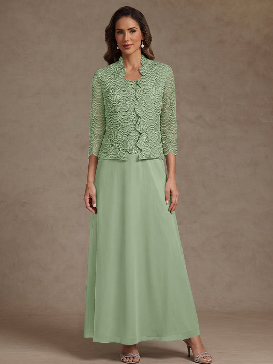 2 Pieces A-Line/Princess Scoop Chiffon Mother of the Bride Dresses Ankle-Length 3/4 Sleeves&Sleeveless with Lace Jacket