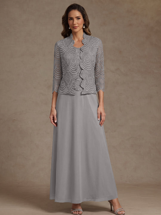 2 Pieces A-Line/Princess Scoop Chiffon Mother of the Bride Dresses Ankle-Length 3/4 Sleeves&Sleeveless with Lace Jacket