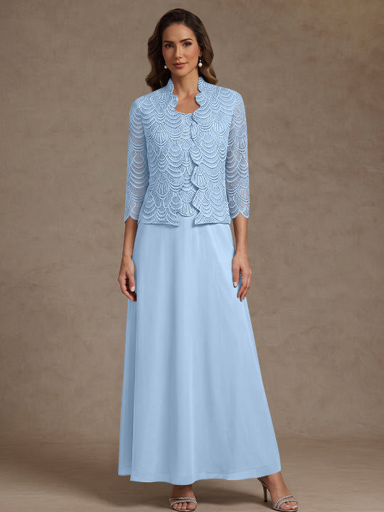 2 Pieces A-Line/Princess Scoop Chiffon Mother of the Bride Dresses Ankle-Length 3/4 Sleeves&Sleeveless with Lace Jacket