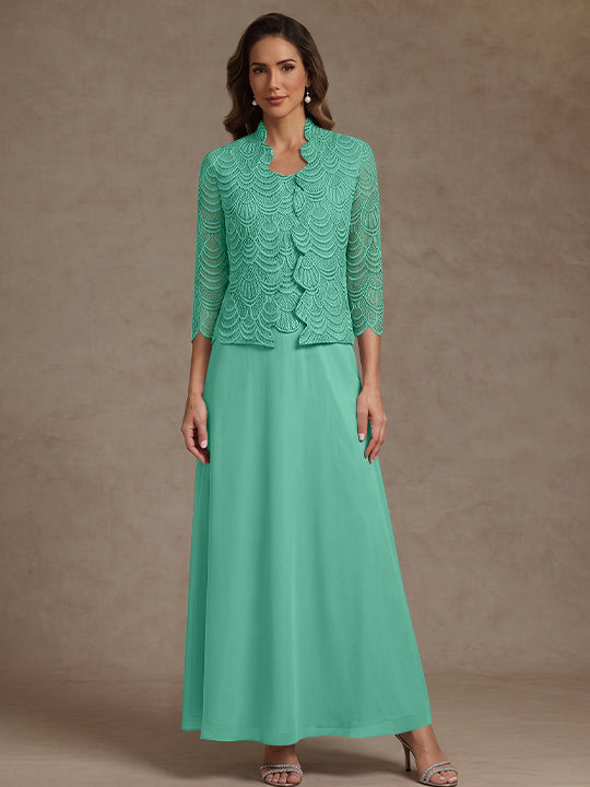 2 Pieces A-Line/Princess Scoop Chiffon Mother of the Bride Dresses Ankle-Length 3/4 Sleeves&Sleeveless with Lace Jacket