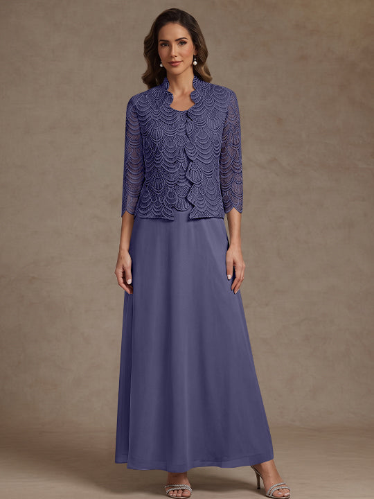 2 Pieces A-Line/Princess Scoop Chiffon Mother of the Bride Dresses Ankle-Length 3/4 Sleeves&Sleeveless with Lace Jacket