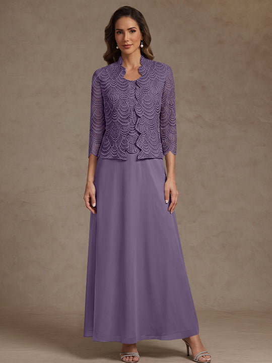 2 Pieces A-Line/Princess Scoop Chiffon Mother of the Bride Dresses Ankle-Length 3/4 Sleeves&Sleeveless with Lace Jacket