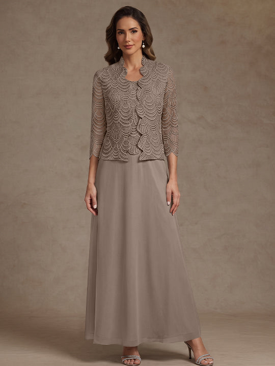 2 Pieces A-Line/Princess Scoop Chiffon Mother of the Bride Dresses Ankle-Length 3/4 Sleeves&Sleeveless with Lace Jacket