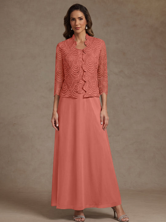 2 Pieces A-Line/Princess Scoop Chiffon Mother of the Bride Dresses Ankle-Length 3/4 Sleeves&Sleeveless with Lace Jacket