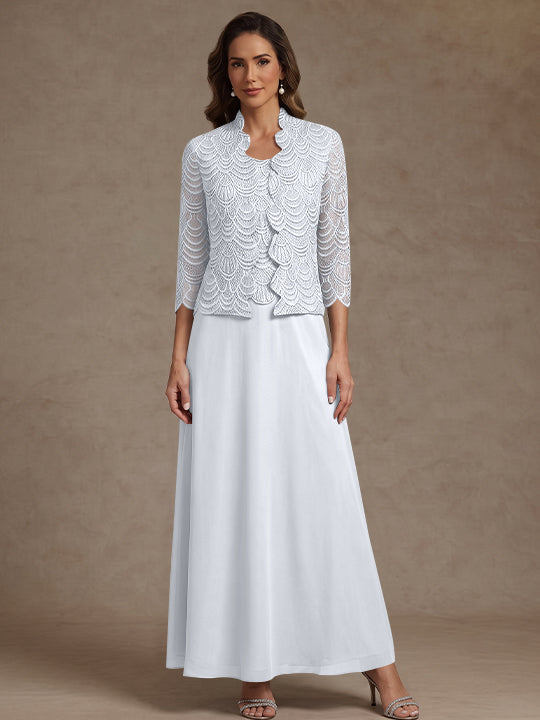 2 Pieces A-Line/Princess Scoop Chiffon Mother of the Bride Dresses Ankle-Length 3/4 Sleeves&Sleeveless with Lace Jacket