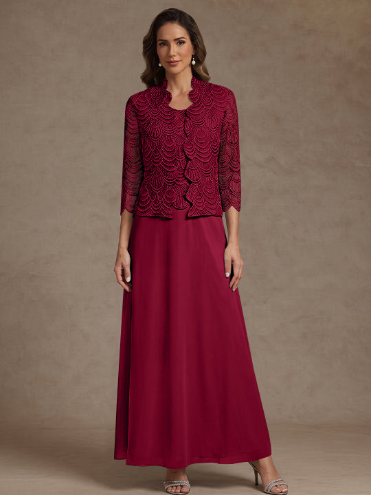 2 Pieces A-Line/Princess Scoop Chiffon Mother of the Bride Dresses Ankle-Length 3/4 Sleeves&Sleeveless with Lace Jacket