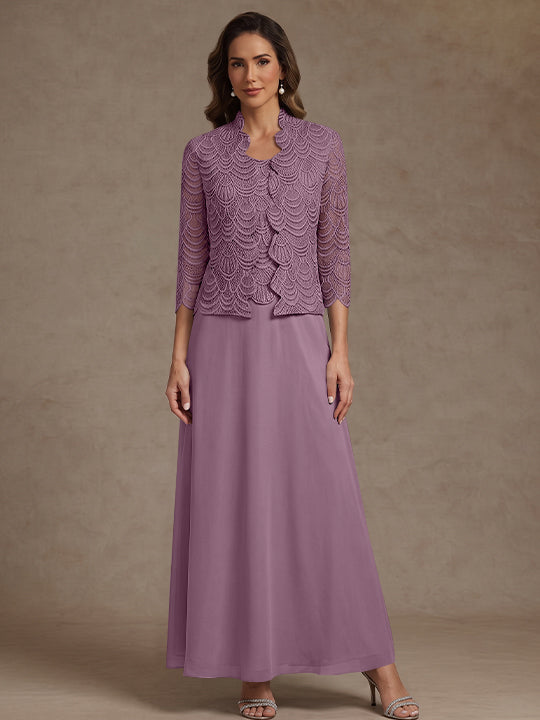 2 Pieces A-Line/Princess Scoop Chiffon Mother of the Bride Dresses Ankle-Length 3/4 Sleeves&Sleeveless with Lace Jacket