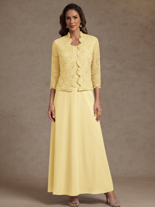 2 Pieces A-Line/Princess Scoop Chiffon Mother of the Bride Dresses Ankle-Length 3/4 Sleeves&Sleeveless with Lace Jacket