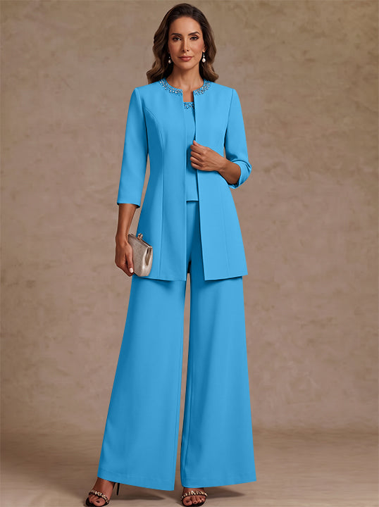 3 Pieces Scoop Chiffon Mother of the Bride Pantsuit Ankle-Length 3/4 Sleeves&Sleeveless Rhinestones with Jacket