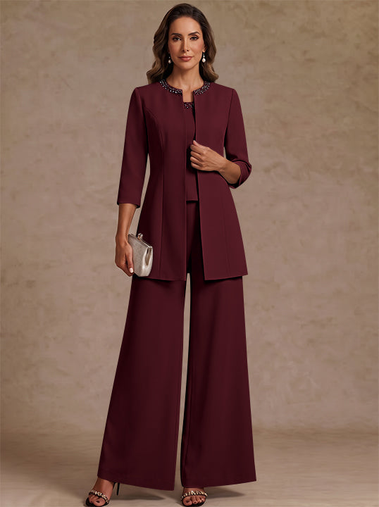 3 Pieces Scoop Chiffon Mother of the Bride Pantsuit Ankle-Length 3/4 Sleeves&Sleeveless Rhinestones with Jacket