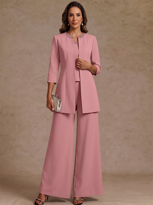 3 Pieces Scoop Chiffon Mother of the Bride Pantsuit Ankle-Length 3/4 Sleeves&Sleeveless Rhinestones with Jacket