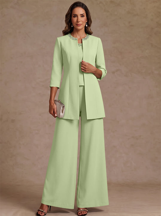 3 Pieces Scoop Chiffon Mother of the Bride Pantsuit Ankle-Length 3/4 Sleeves&Sleeveless Rhinestones with Jacket