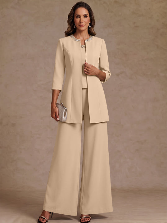 3 Pieces Scoop Chiffon Mother of the Bride Pantsuit Ankle-Length 3/4 Sleeves&Sleeveless Rhinestones with Jacket