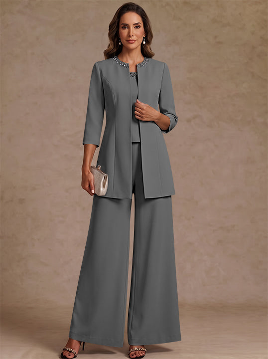 3 Pieces Scoop Chiffon Mother of the Bride Pantsuit Ankle-Length 3/4 Sleeves&Sleeveless Rhinestones with Jacket