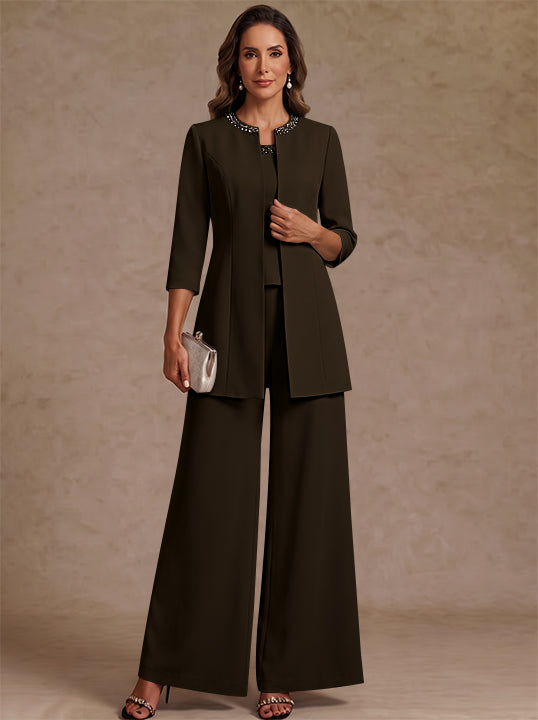 3 Pieces Scoop Chiffon Mother of the Bride Pantsuit Ankle-Length 3/4 Sleeves&Sleeveless Rhinestones with Jacket
