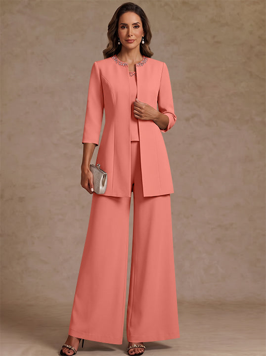 3 Pieces Scoop Chiffon Mother of the Bride Pantsuit Ankle-Length 3/4 Sleeves&Sleeveless Rhinestones with Jacket