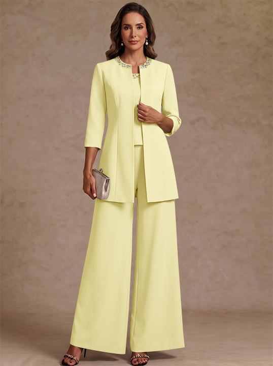 3 Pieces Scoop Chiffon Mother of the Bride Pantsuit Ankle-Length 3/4 Sleeves&Sleeveless Rhinestones with Jacket
