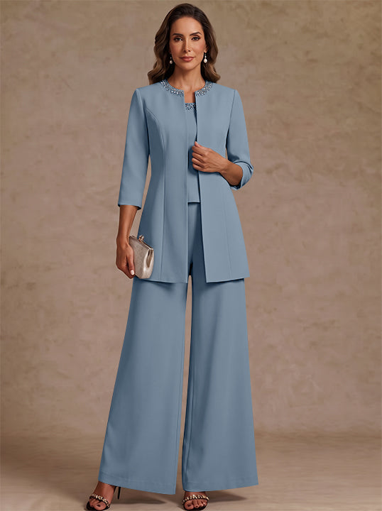 3 Pieces Scoop Chiffon Mother of the Bride Pantsuit Ankle-Length 3/4 Sleeves&Sleeveless Rhinestones with Jacket
