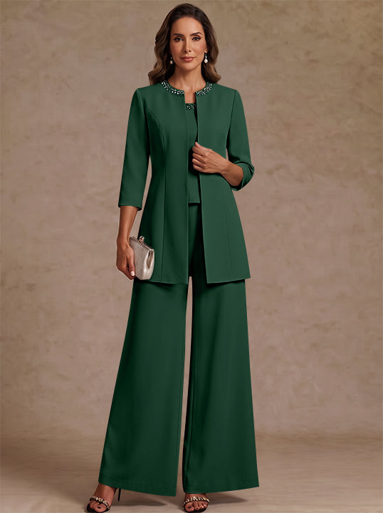 3 Pieces Scoop Chiffon Mother of the Bride Pantsuit Ankle-Length 3/4 Sleeves&Sleeveless Rhinestones with Jacket