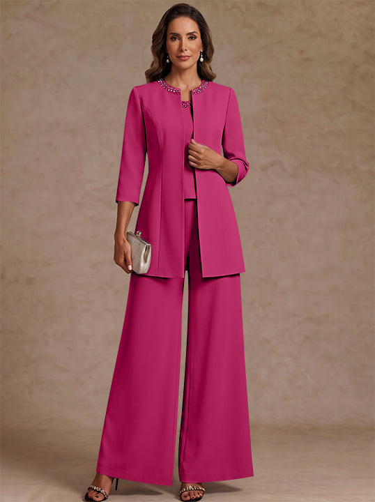3 Pieces Scoop Chiffon Mother of the Bride Pantsuit Ankle-Length 3/4 Sleeves&Sleeveless Rhinestones with Jacket