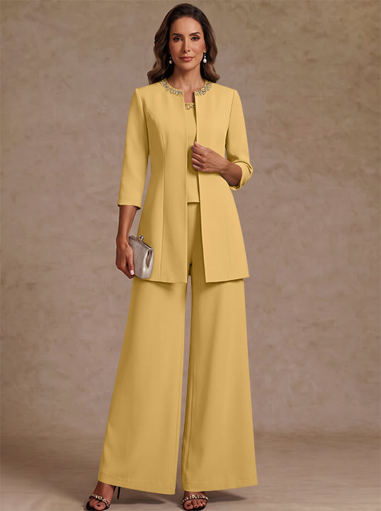 3 Pieces Scoop Chiffon Mother of the Bride Pantsuit Ankle-Length 3/4 Sleeves&Sleeveless Rhinestones with Jacket