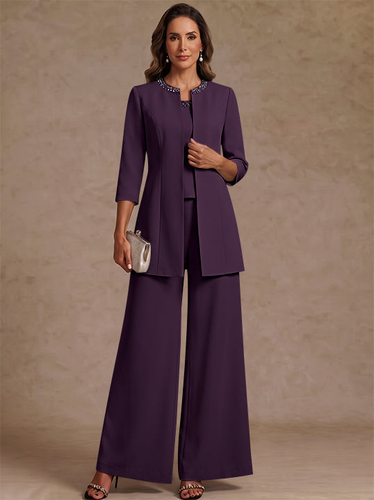 3 Pieces Scoop Chiffon Mother of the Bride Pantsuit Ankle-Length 3/4 Sleeves&Sleeveless Rhinestones with Jacket