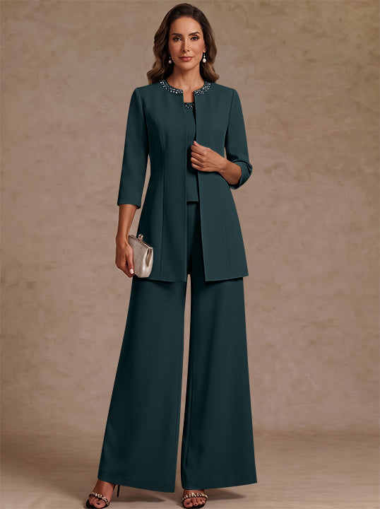 3 Pieces Scoop Chiffon Mother of the Bride Pantsuit Ankle-Length 3/4 Sleeves&Sleeveless Rhinestones with Jacket