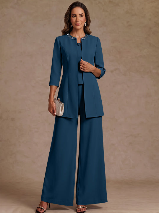 3 Pieces Scoop Chiffon Mother of the Bride Pantsuit Ankle-Length 3/4 Sleeves&Sleeveless Rhinestones with Jacket